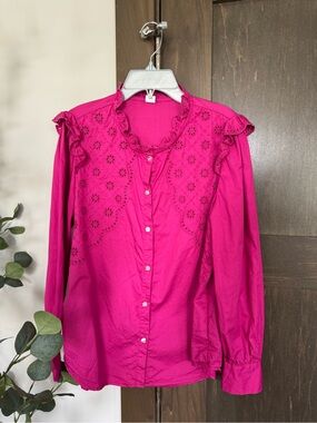 Magenta Eyelet Ruffle Button-Down Top